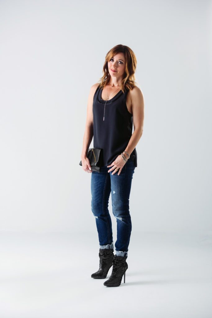 Black Silk Rag & Bone Tank, Distressed Rag & Bone Dre jeans, sequined boots, leather clutch, delicate silver accessories