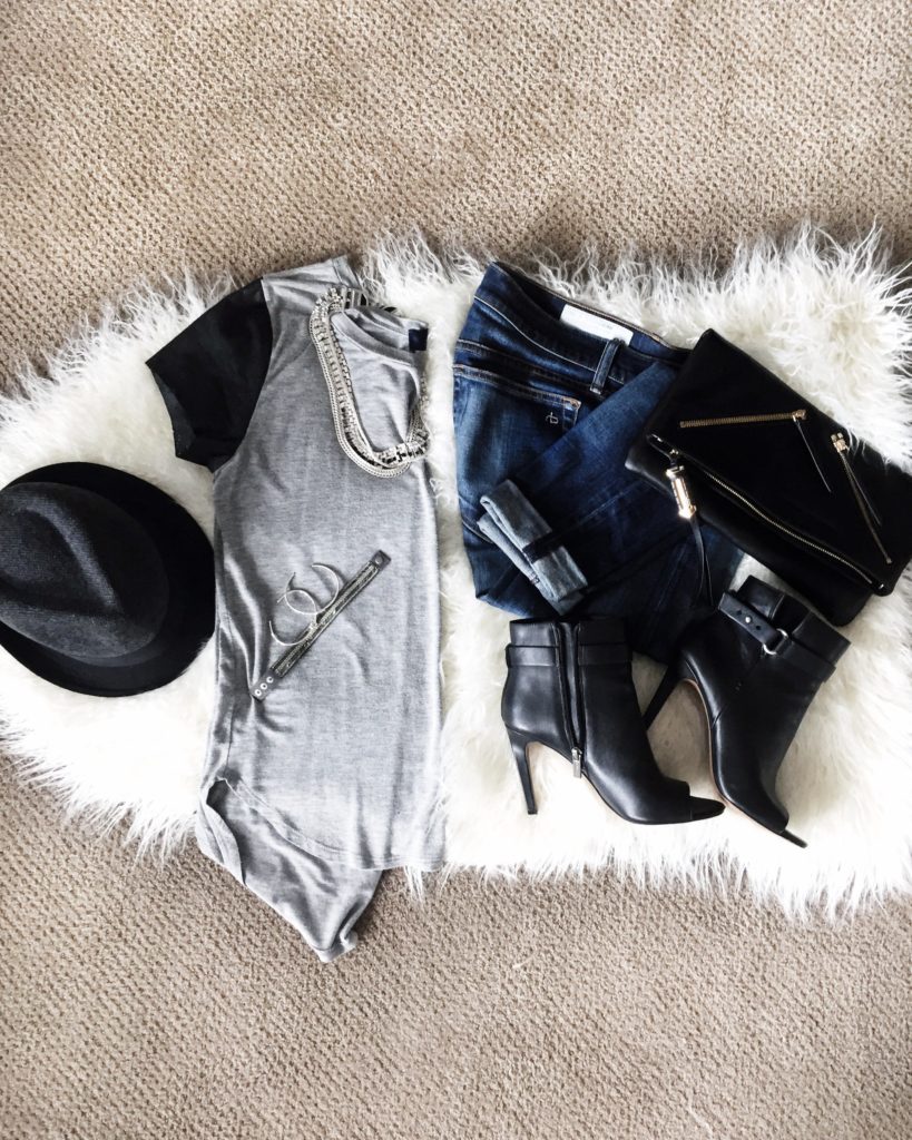 Rag & Bone Designer denim, leather open toed booties, casual slouchy tshirt, felt fedora and leather clutch