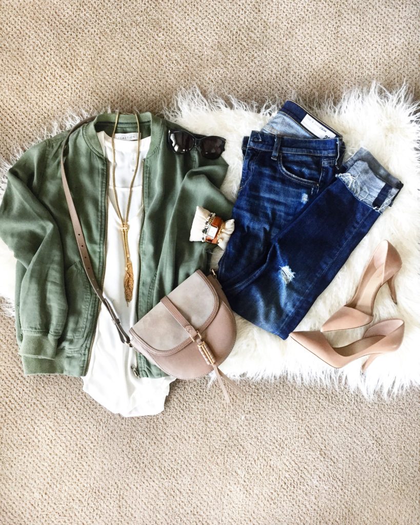 Camo green bomber jacket, flowy cream v-neck tank top, Rag & Bone distressed designer denim, nude pointed toe heels and leather and suede crossbody bag