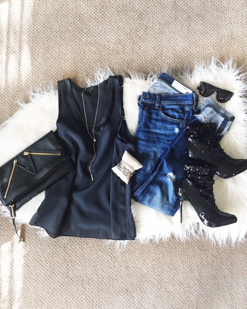 Black satin tank, Rag & Bone denim, sequined booties, leather clutch, black sunglasses