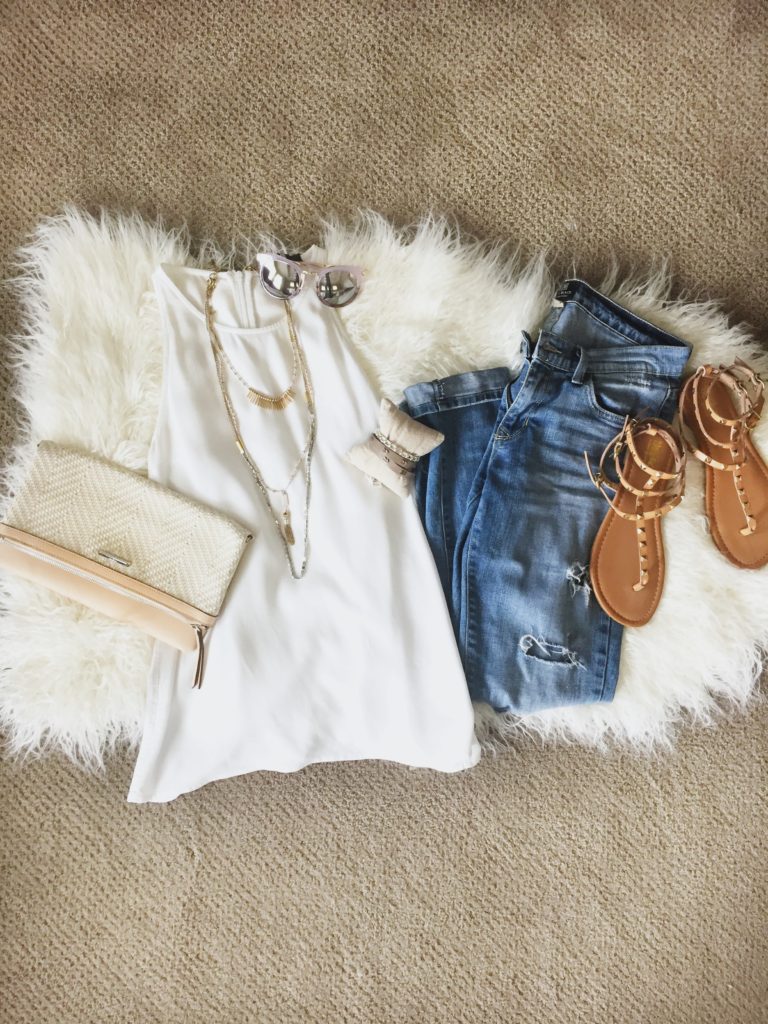 Flowy textured tank, distressed denim, gladiator sandals, mauve mirrored lens sunglasses and a neutral woven clutch