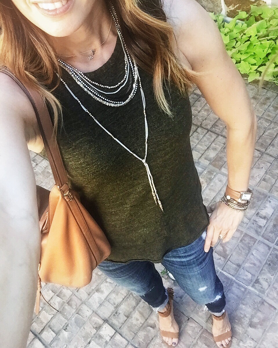 olive, tank, ripped jeans, heels, everydaystyle, casual, momstyle, accessories, layering, pretty