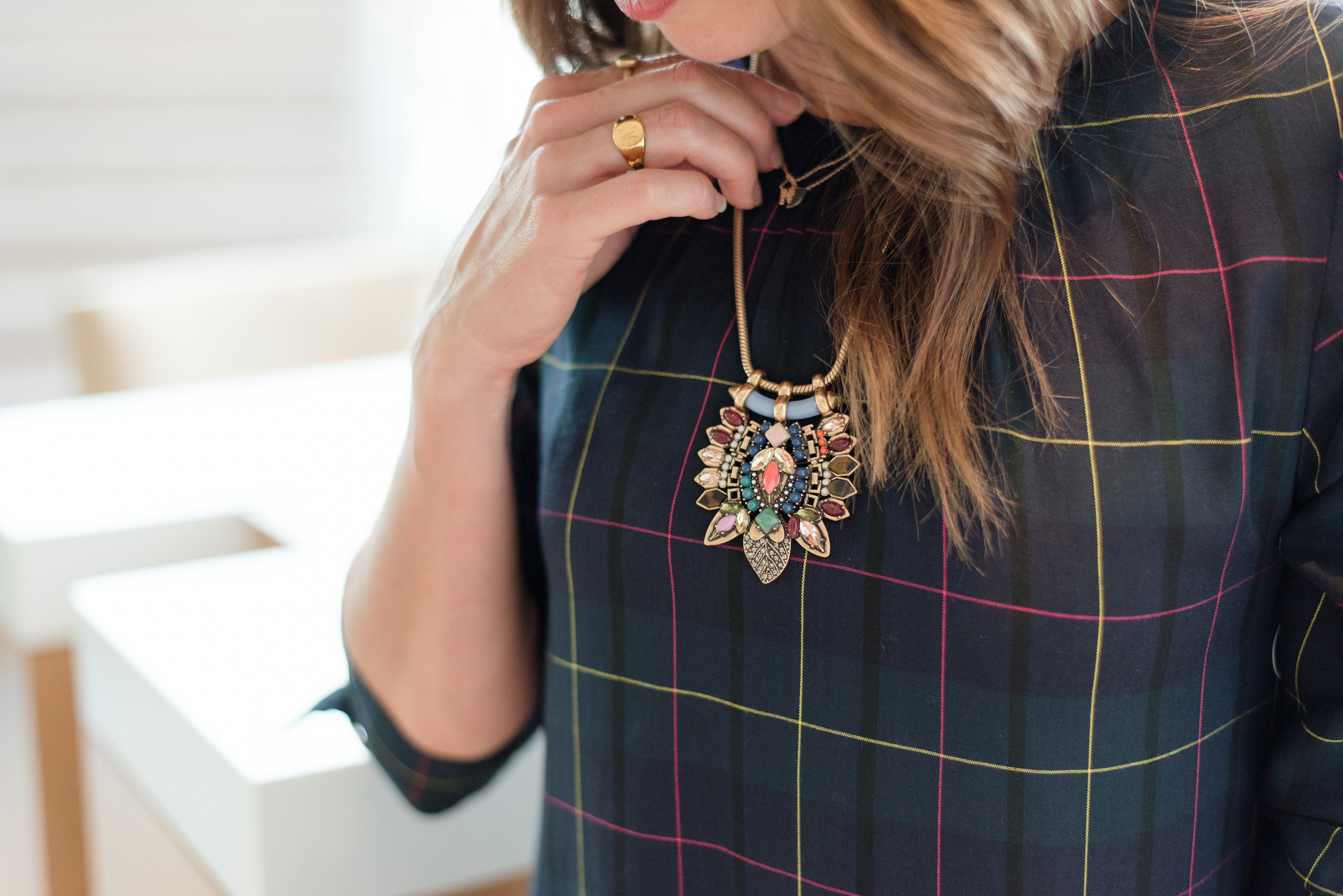 green, navy, plaid, dress, fall fashion, everyday style, statement necklace, accessorize, colorful, gold, finish the look