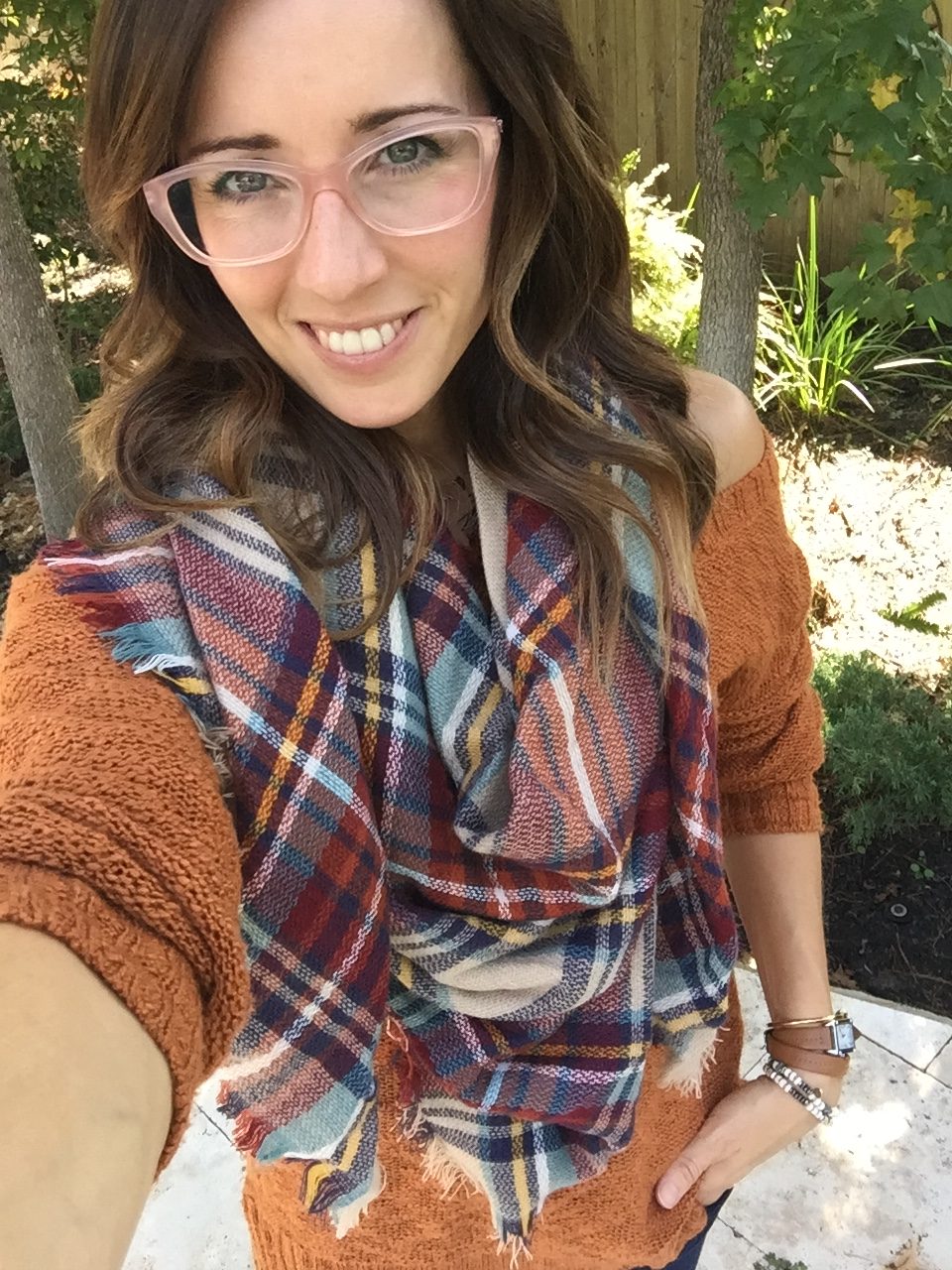 plaid blanket scarf, dsw, fall fashion, layered look, off the shoulder sweater, orange and pink, versace glasses, method39, wardrobe stylist