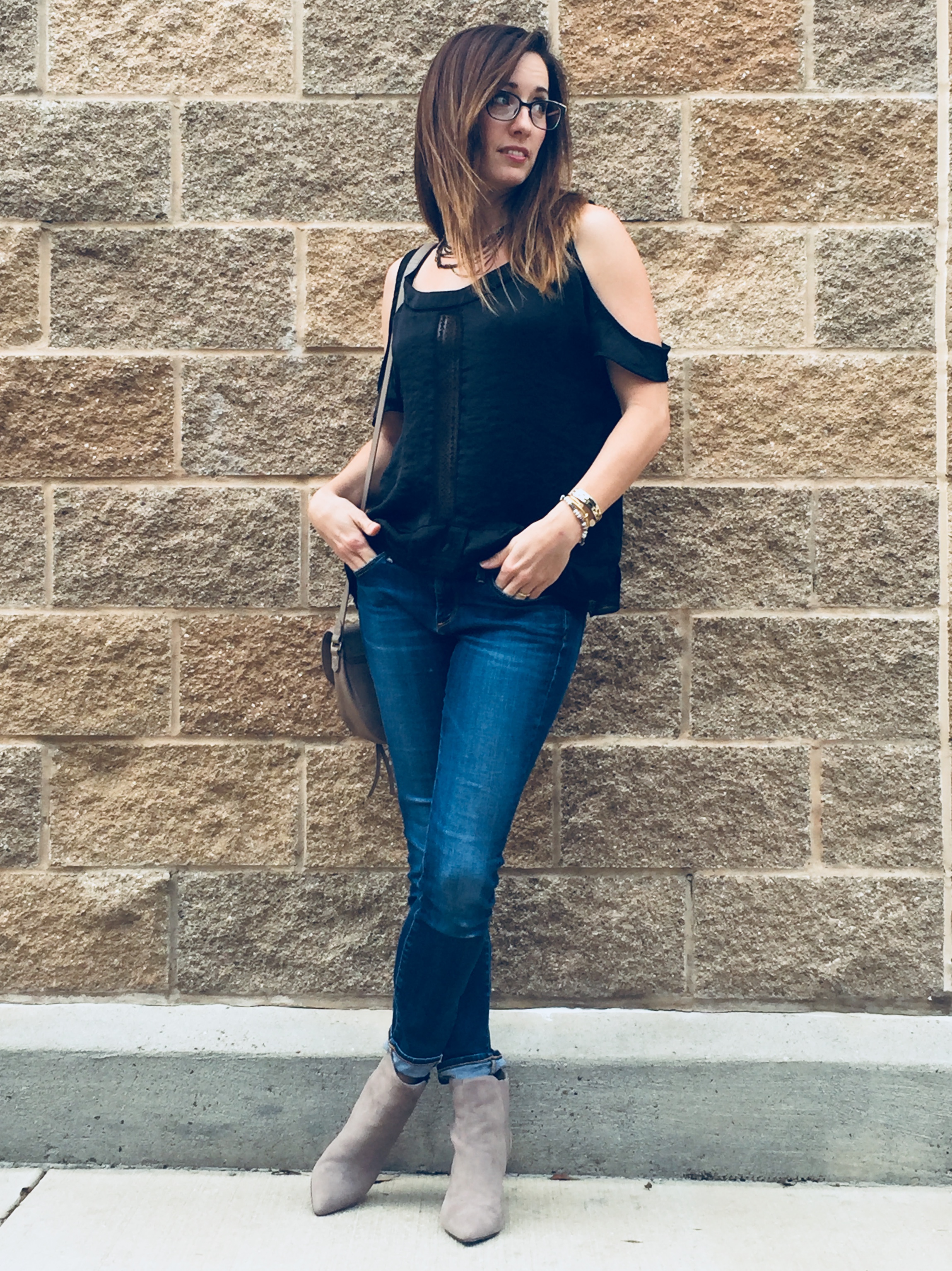 black, cold shoulder, blouse, pajama shirt, agjeans, denim, cuff, faux suede booties, mid heels, ankle boots, pointed toe, method39, your stylist, wardrobe consultant, as seen on me, your stylist, method to style