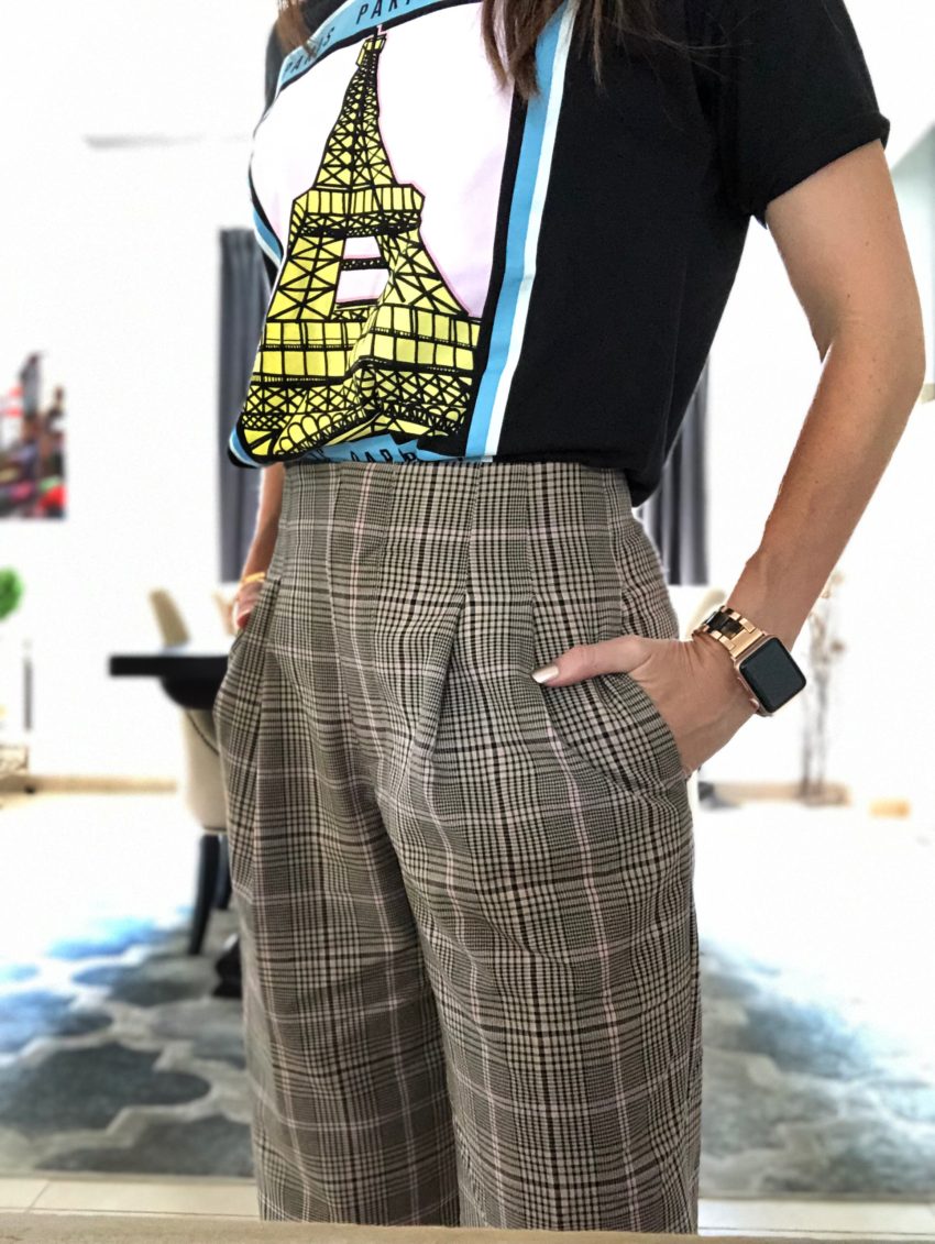 zara, plaid, suit, pink, neutral, high waisted, wide legged, pleats, graphic T, casual, dressy, separates, method39, fall2019, my style, style advisor, wardrobe stylist, what to wear