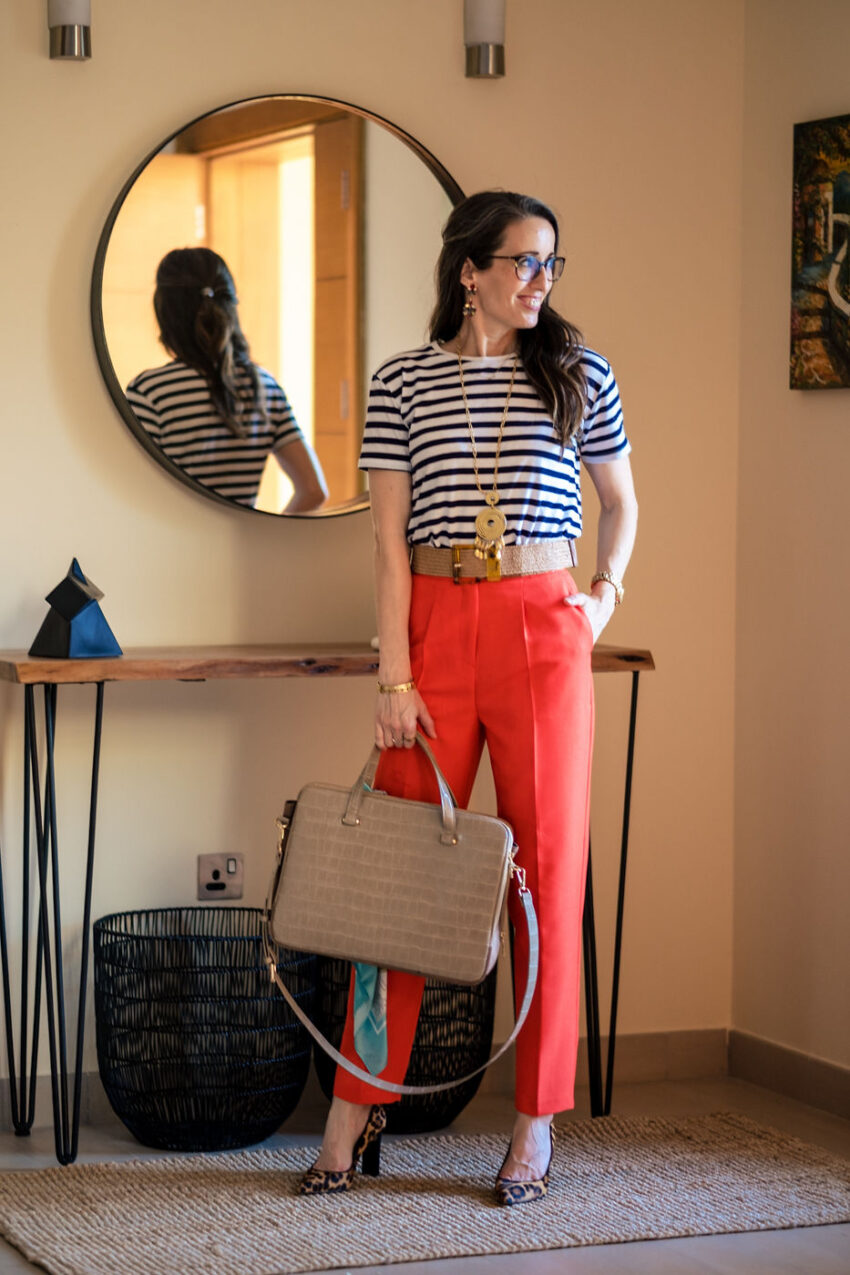 Method39, method to style, my style, navy striped t shirt, red trousers, belt, accessories, mom style, mompreneur, working, over 40 style