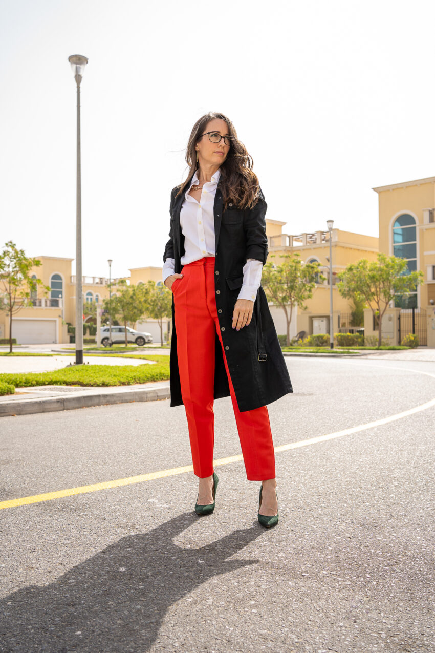 Method to style, method39, my style, red trousers, black trench coat, green heels, street style, over 40 style, mompreneur, working from home