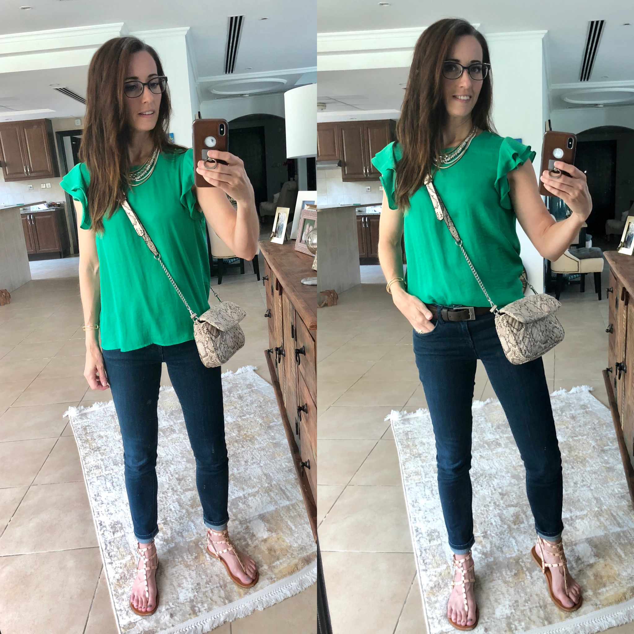 A woman taking a selfie in her green shirt.